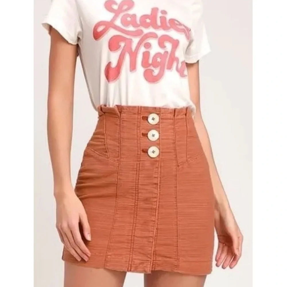 Free People‎ Every Minute Every Hour Mini Skirt 4 Orange Button Western Cotton